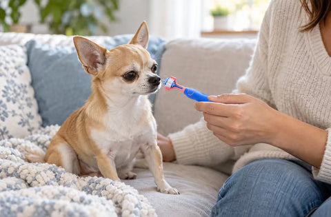 Illustration of a Chihuahua getting familiar with a pet toothbrush