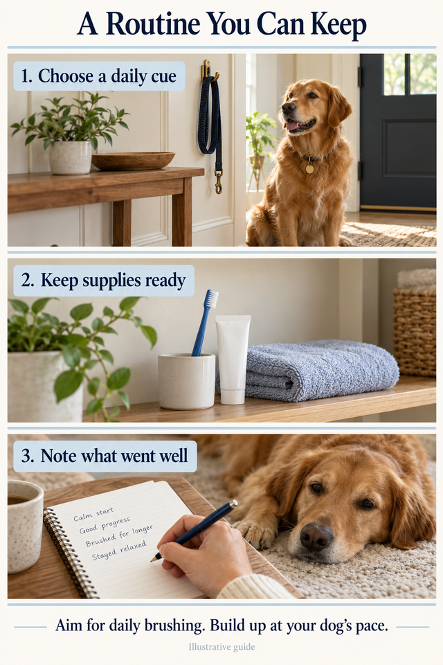Illustrative three-step guide to building a daily dog dental routine