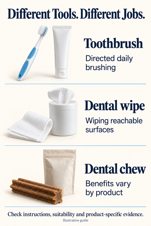 Illustrative comparison of a pet toothbrush, dental wipe and dental chew