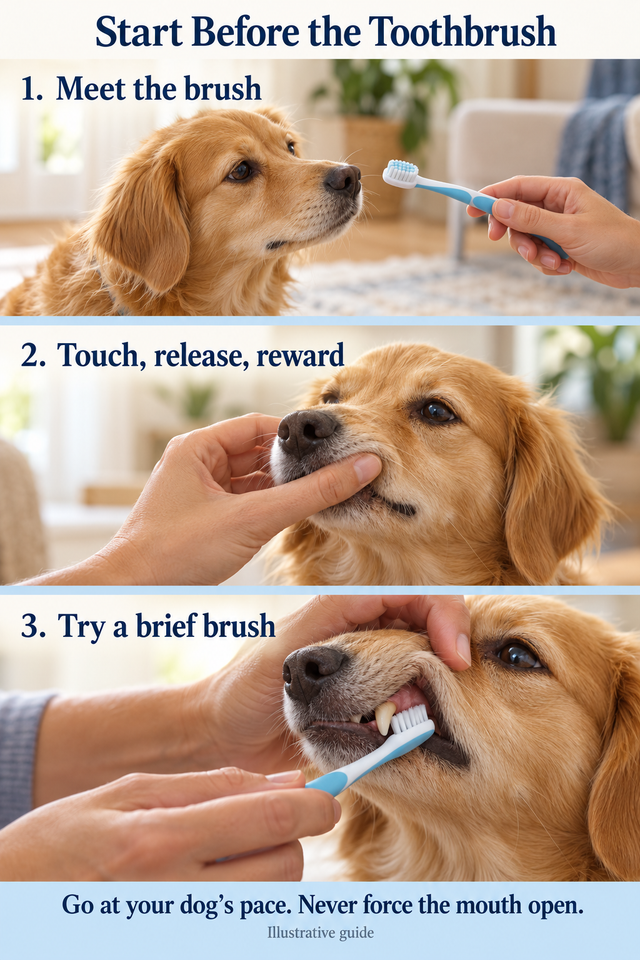 Illustrative three-step guide to introducing a dog to toothbrushing