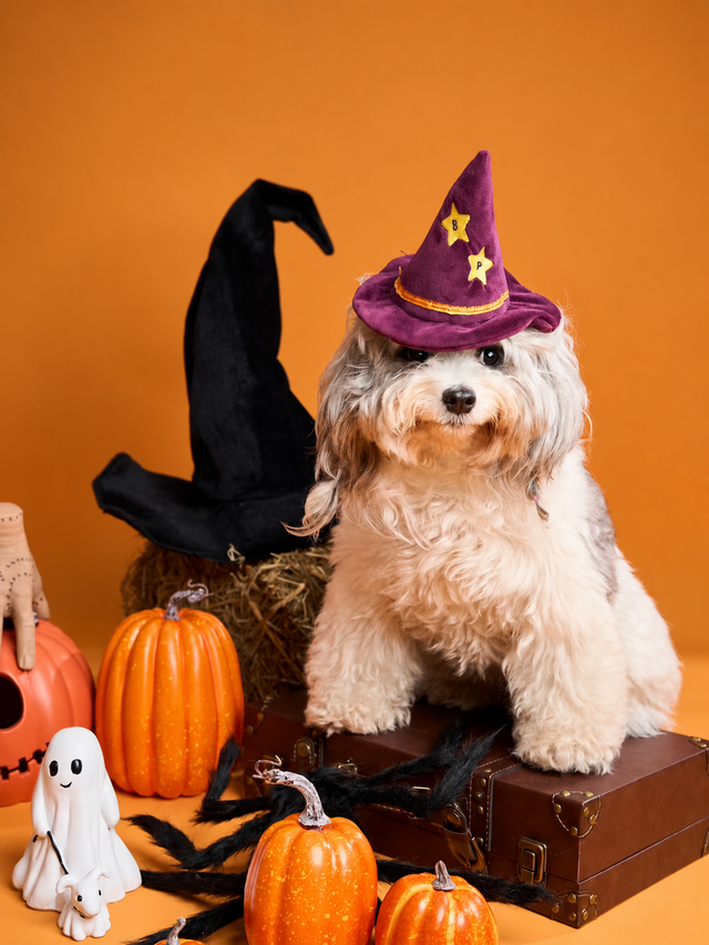 A small white dog wearing a purple witch hat beside Halloween pumpkins