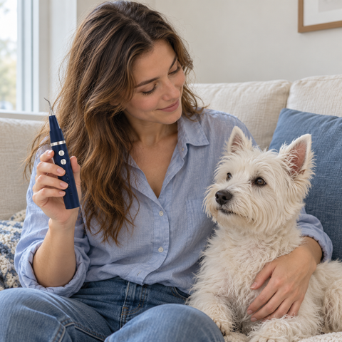 Illustrative home-care scene of a pet parent with a white terrier and dental tool
