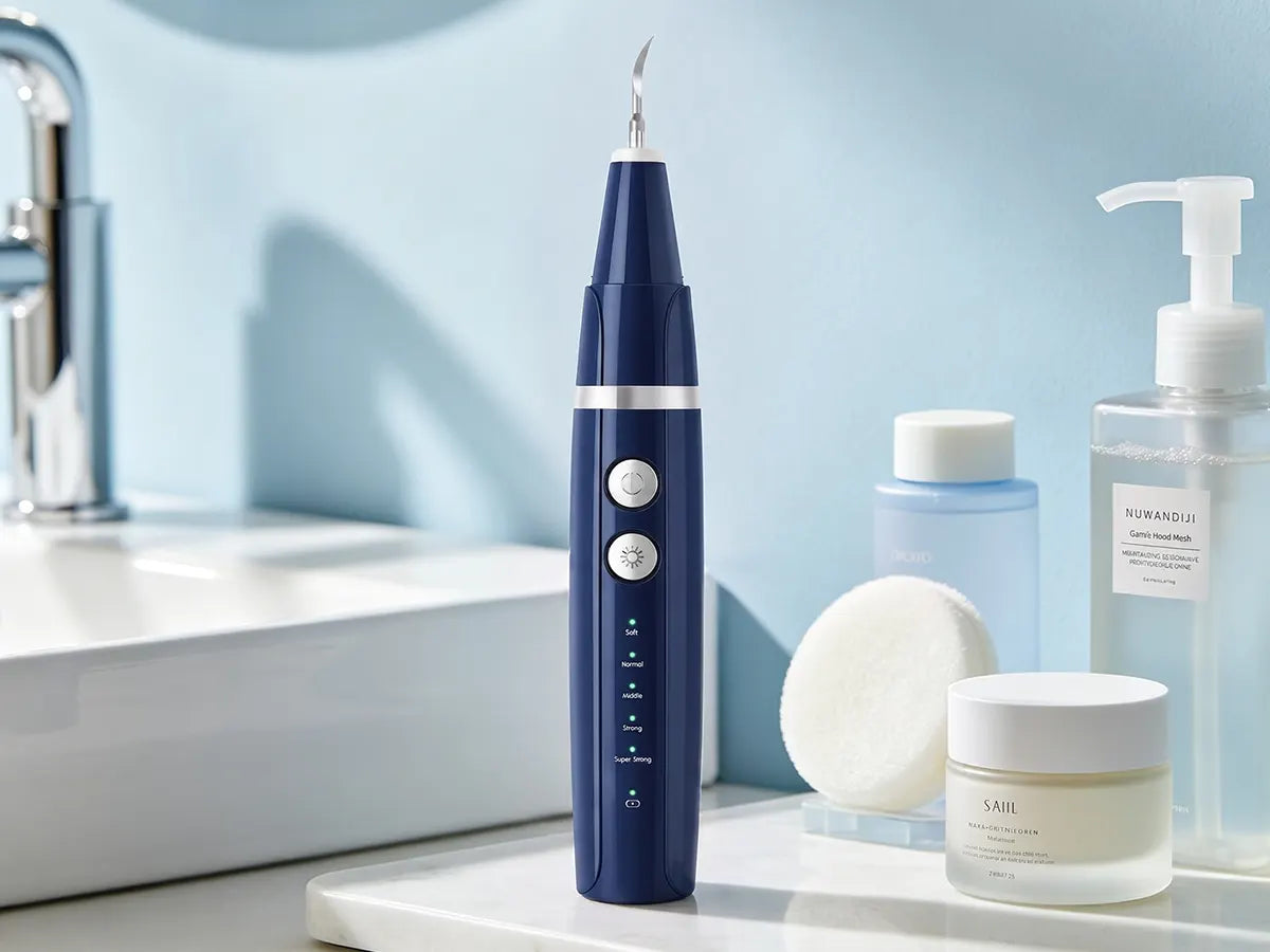 Vtiisamao electric dental scaler on bathroom counter – removes calculus, tartar and stains beyond regular brushing