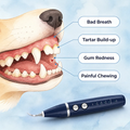 A pet oral care electric toothbrush shown below a watercolor-style illustration of a dog's open mouth with callouts for Bad Breath, Tartar Build-up, Gum Redness, and Painful Chewing.
