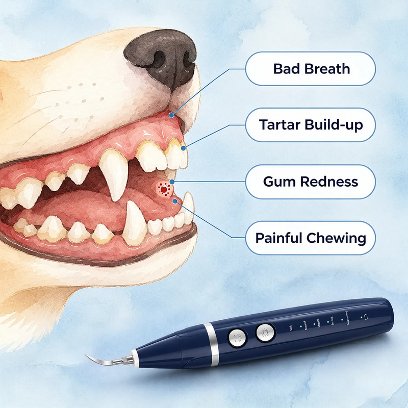 A pet oral care electric toothbrush shown below a watercolor-style illustration of a dog's open mouth with callouts for Bad Breath, Tartar Build-up, Gum Redness, and Painful Chewing.