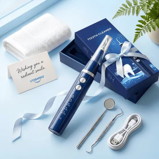 A blue electric tooth cleaner set arranged on a light blue surface with its box, a folded white towel, a small card reading 'Wishing you a radiant smile. VTEAMAO', a white USB charging cable, and metal oral inspection tools.