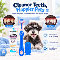 A small black-and-white dog stands on a white rug in a bright pet-care setting, with a blue electric toothbrush, toothpaste tube, and brush accessory displayed in front. Large text reads 'Cleaner Teeth, Happier Pets,' with before-and-after tooth close-ups and benefit callouts on the right.
