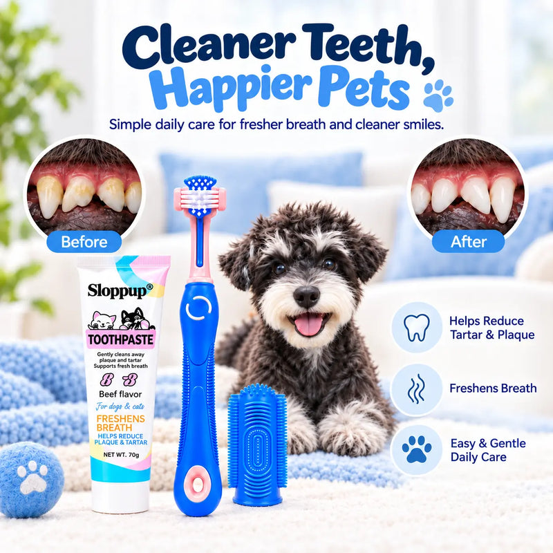 A small black-and-white dog stands on a white rug in a bright pet-care setting, with a blue electric toothbrush, toothpaste tube, and brush accessory displayed in front. Large text reads 'Cleaner Teeth, Happier Pets,' with before-and-after tooth close-ups and benefit callouts on the right.