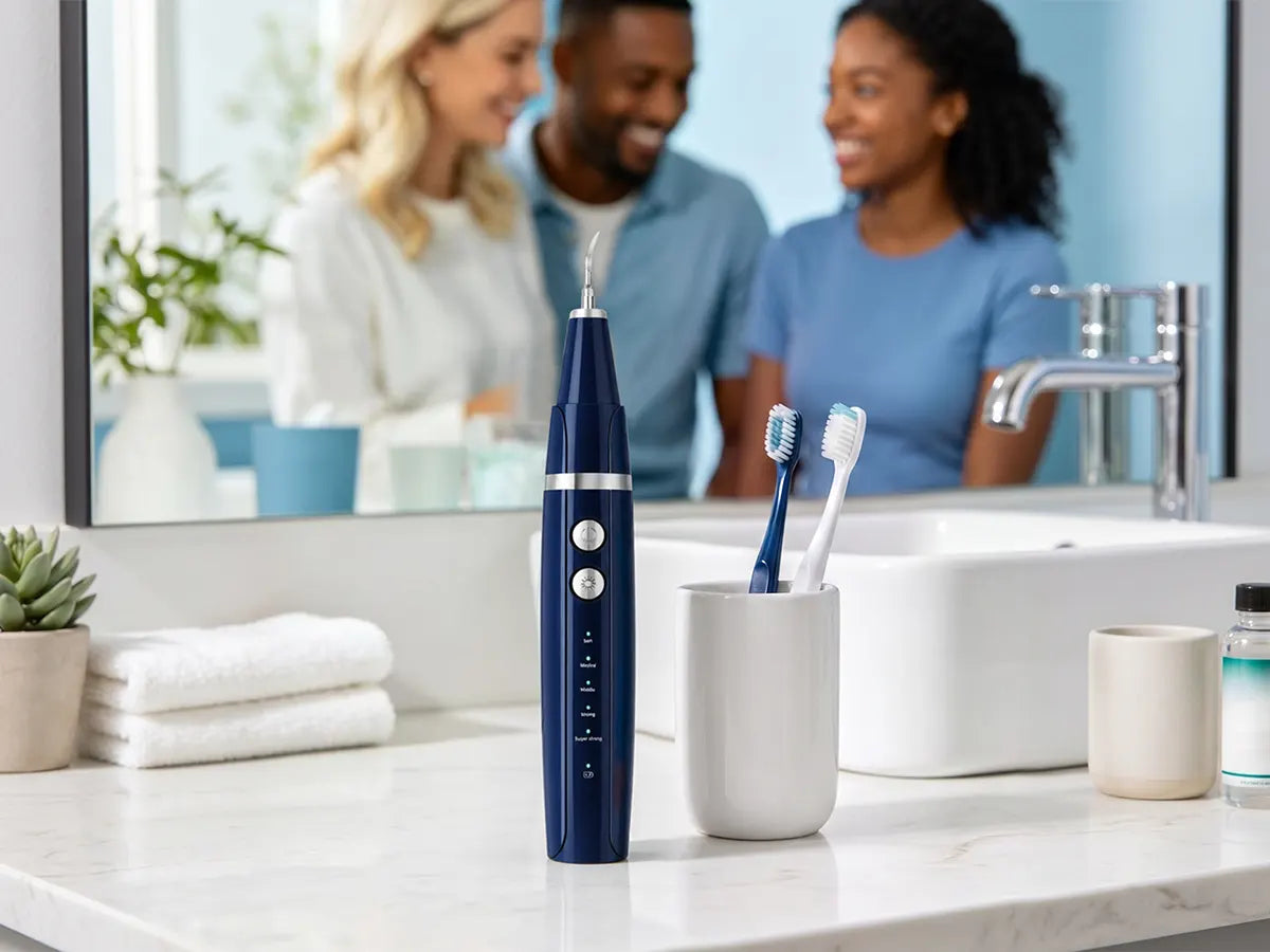 Couple smiling in bathroom with Vtiisamao ultrasonic plaque remover on countertop for daily oral care routine
