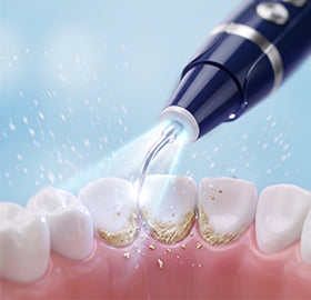 Dental plaque remover tip removing tartar buildup from teeth close-up