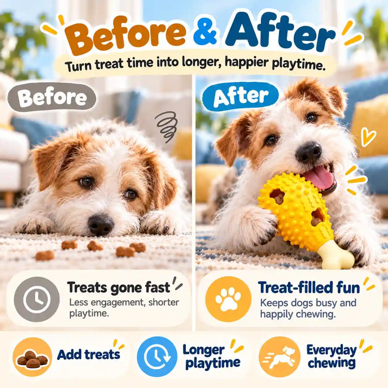 A promotional comparison graphic for dog treats showing a small white and tan puppy on a light rug in a living room. The left panel, labeled 'Before,' shows the puppy lying down with kibble scattered nearby.