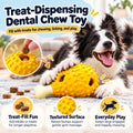 A black-and-white dog lies on a rug next to a bright yellow textured dog chew toy with a bone-shaped end. The image includes marketing text and callout circles explaining treat-dispensing fun, a close-up inset of treats inside the toy, and benefits like textured surface and everyday play.