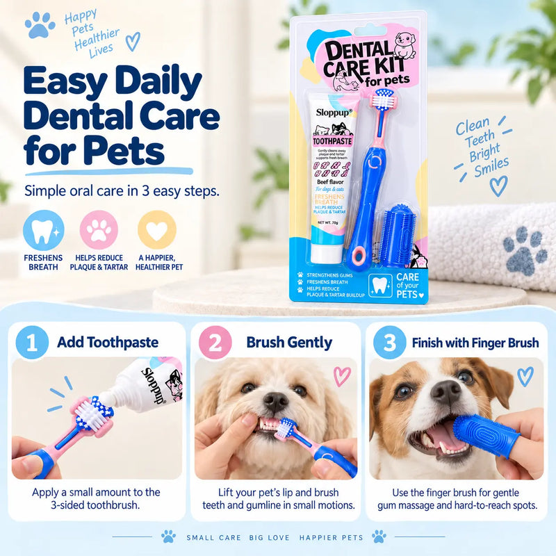 Pet Dental Care Kit for Dogs & Cats – Beef Flavor Toothpaste & 3-Sided Toothbrush | VTIISAMAO