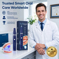 A smiling man in a white lab coat stands beside a blue electric toothbrush and its retail box on a white counter, with marketing text and a gold 'Best-Selling Online' badge in a bright dental-office setting.