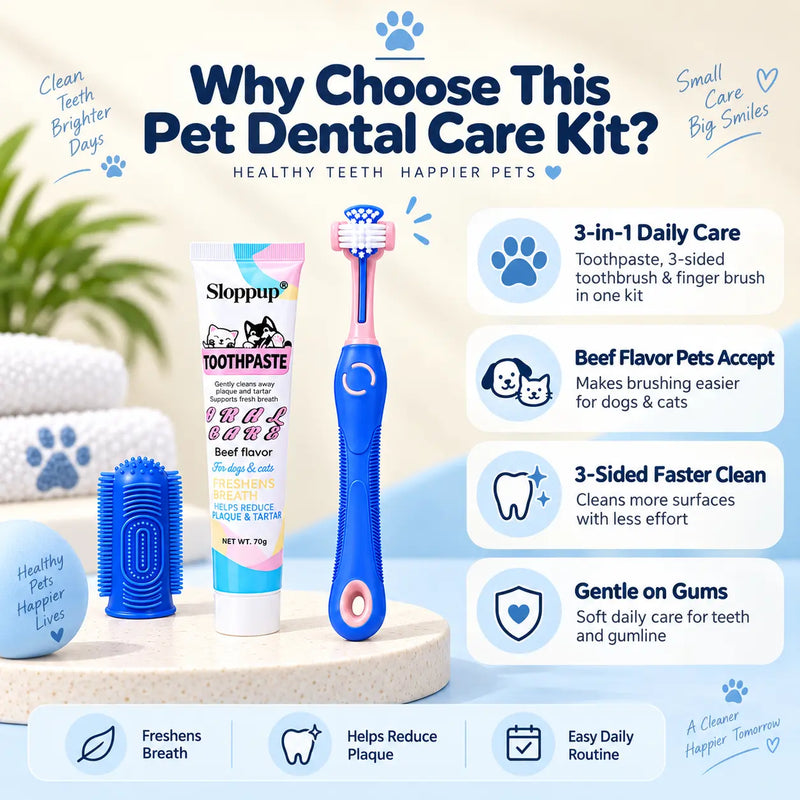 Pet Dental Care Kit for Dogs & Cats – Beef Flavor Toothpaste & 3-Sided Toothbrush | VTIISAMAO