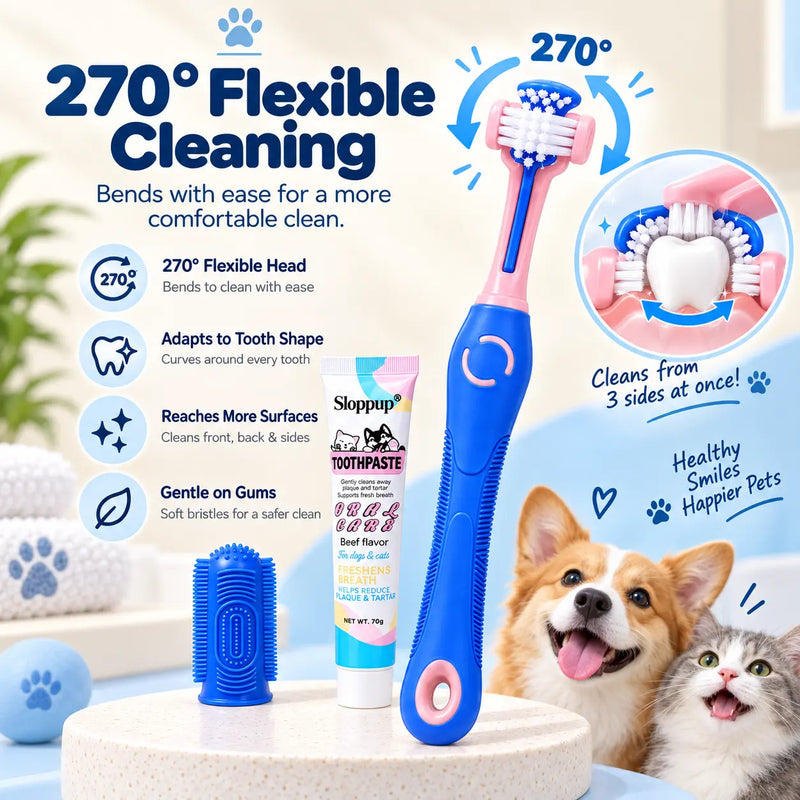 Pet Dental Care Kit for Dogs & Cats – Beef Flavor Toothpaste & 3-Sided Toothbrush | VTIISAMAO