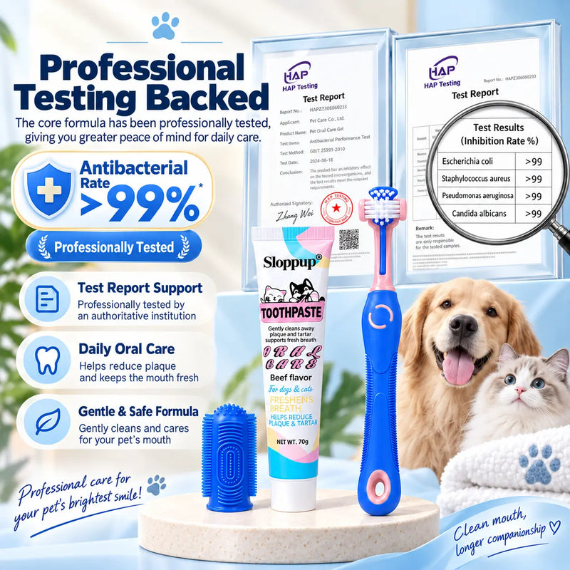 Pet Dental Care Kit for Dogs & Cats – Beef Flavor Toothpaste & 3-Sided Toothbrush | VTIISAMAO