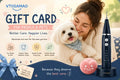 Promotional graphic for a VTISAMAO gift card for people and pets, featuring a woman smiling with a small white dog, a dark blue pet oral care device on a charging base, a pink heart-shaped toy, and text highlighting better care and happier lives.