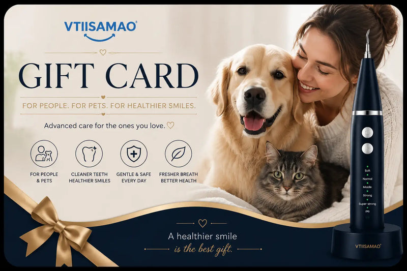 VTIISAMAIO gift card featuring a woman, a golden retriever, and a cat on a cream and navy background, with a black oral care device and charging base shown on the right.