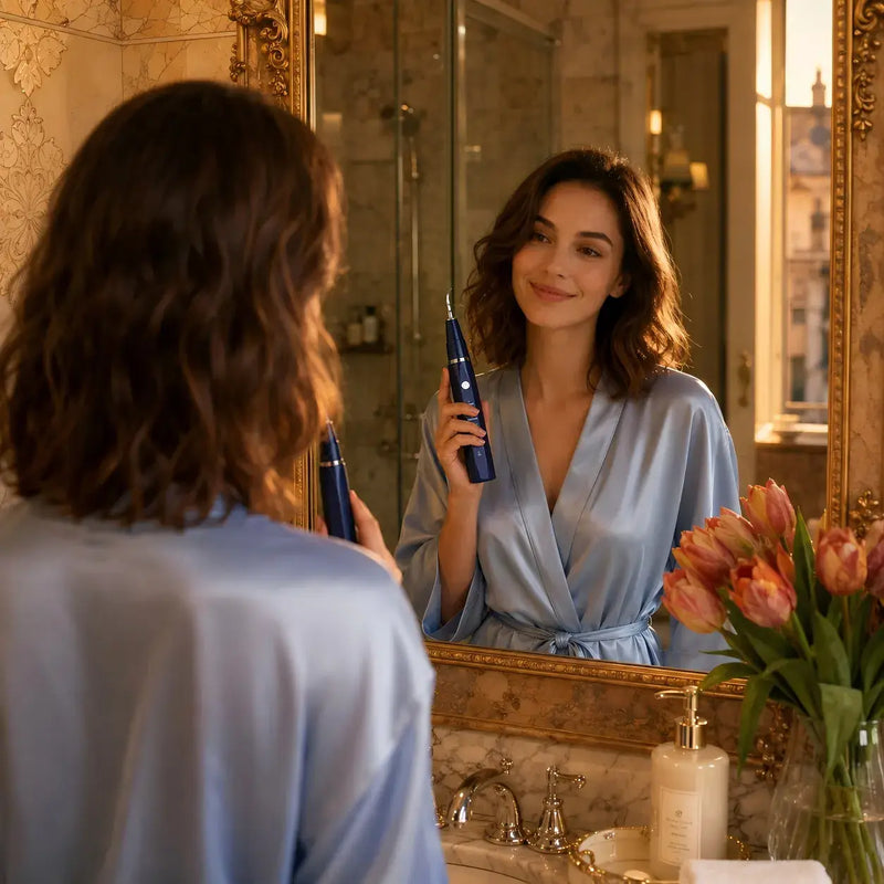 VTIISAMAO Clean Lite Electric Plaque Remover – Woman using dental scaler in bathroom mirror
