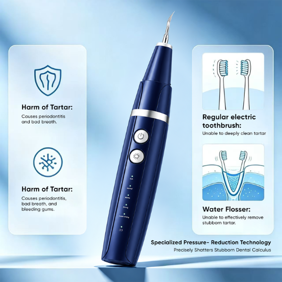 Rechargeable electric dental scaler designed for removing stubborn tartar and plaque at home, featuring pressure control technology for safer teeth cleaning