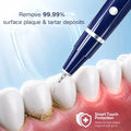 A close-up promotional graphic for a dental cleaning tool showing a dark blue pen-like device touching a tooth with plaque buildup. Text reads 'Remove 99.
