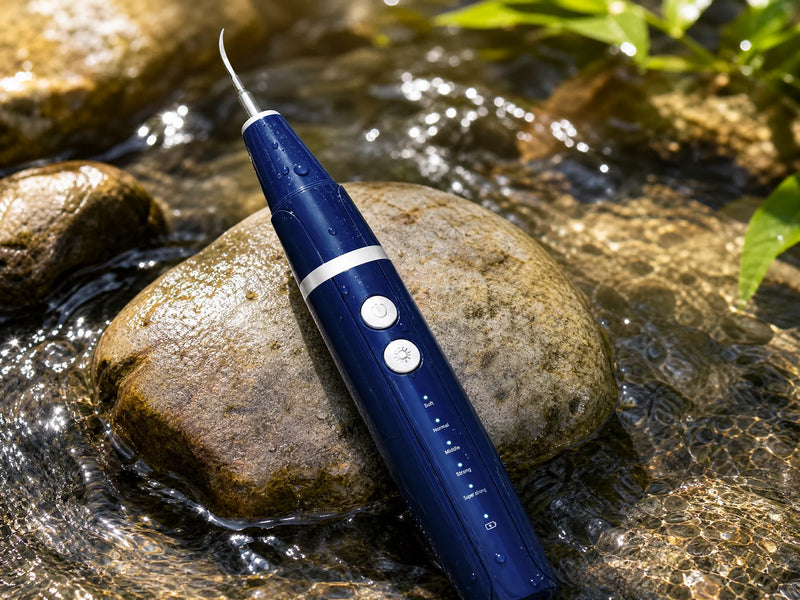 electric dental care device on natural rocks with water sustainable circular economy packaging
