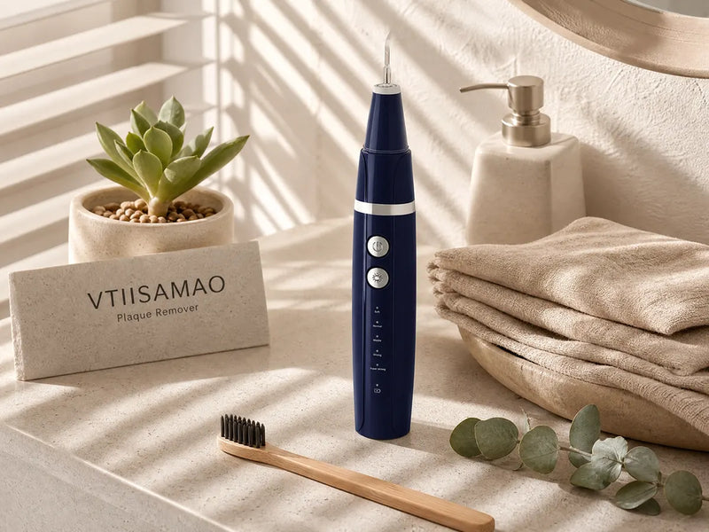 electric dental plaque remover displayed with natural bathroom accessories and succulent plant
