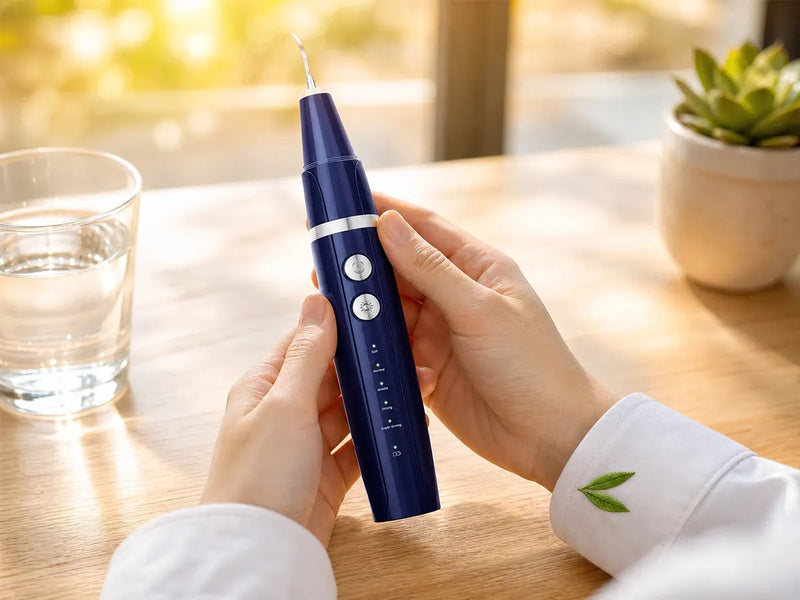 hand holding electric dental scaler with glass of water quality assurance premium standard