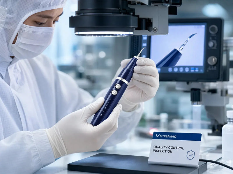 technician inspecting dental plaque remover under microscope in cleanroom facility