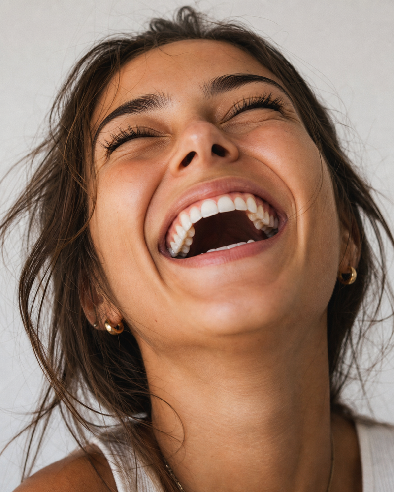 Woman laughing with bright clean teeth – VTIISAMAO plaque remover