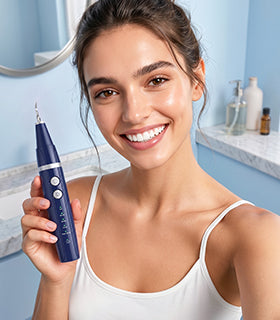 Woman smiling holding at-home dental plaque remover for brighter confident smile