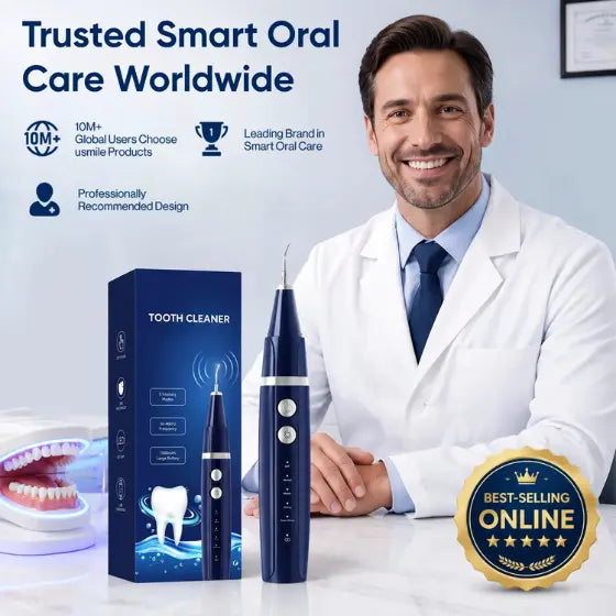 Professional dental care image featuring a rechargeable electric dental scaler designed for removing tartar and plaque at home.