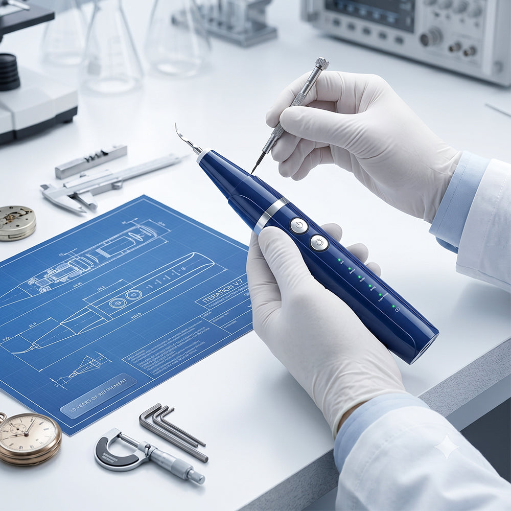 engineer holding sonic dental scaler with technical blueprint advanced oral care device design