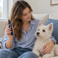 Pet parent introducing a navy pet dental scaler beside a white terrier at home