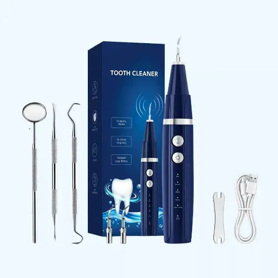 Rechargeable dental scaler for removing tartar and plaque at home, with multiple cleaning tips, mirror and USB charging cable