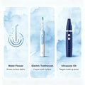 Three-panel promotional graphic showing a dental cleaning kit: a water flosser icon with the text 'Water Flosser Rinses surface debris,' an electric toothbrush with the text 'Electric Toothbrush Cleans tooth surface,' and an ultrasonic kit with the text 'Ultrasonic Kit Targets build-up areas.' The background is a soft light blue watercolor wash.